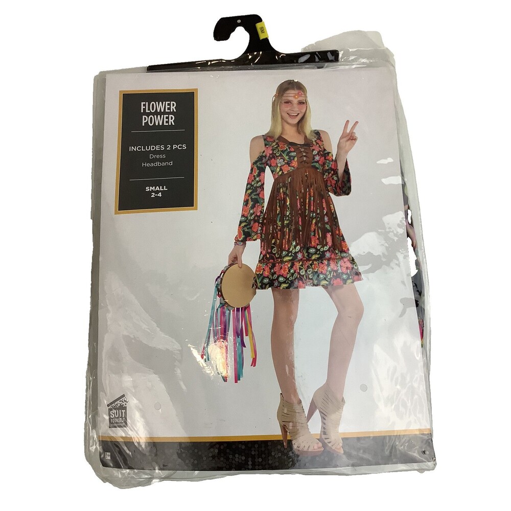 Women’s Flower Power Hippie Costume Small 2-4 Floral Fringe Dress Headband